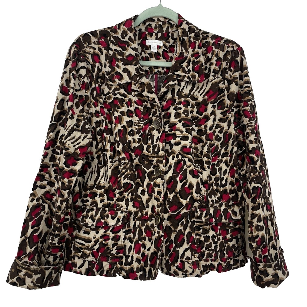 Charter Club Size XL Corduroy Jacket Brown Animal Print Lightweight Button Front